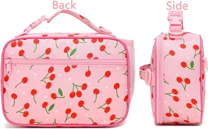 FlowFly Kids Lunch Bag, Durable Insulated School Lunch Box with Shoulder Strap and Bottle Holder, Water-resistant Thermal Small Lunch Cooler Tote for Teen Boys & Girls,Cherry