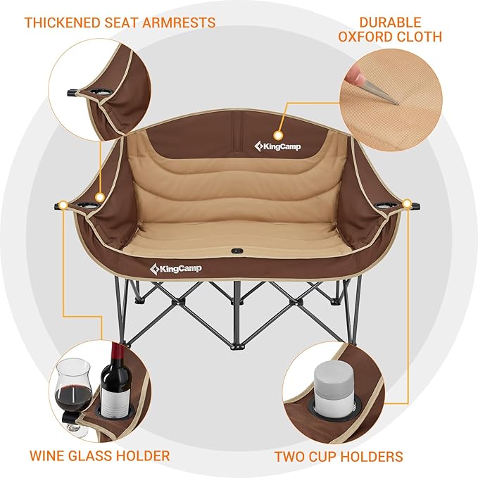 KingCamp Double Camping Chair, Oversized Heavy Duty Loveseat for Adults Portable Folding XL 2 Person Couch Padded Comfortable Two Seat with Cup Holder for Outdoor Lawn Backyard