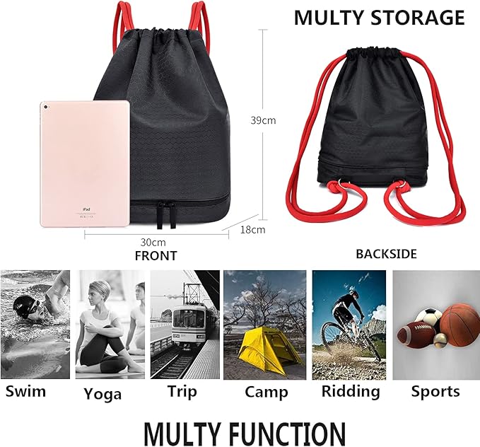 Waterproof Drawstring Backpack Swim Bag Sackpack,Dry Wet Depart,Swimming Gym Yoga Sport Shoulder Rucksack Daypacks Beach Pool Casual Bags (BLACK with RED Drawstring)
