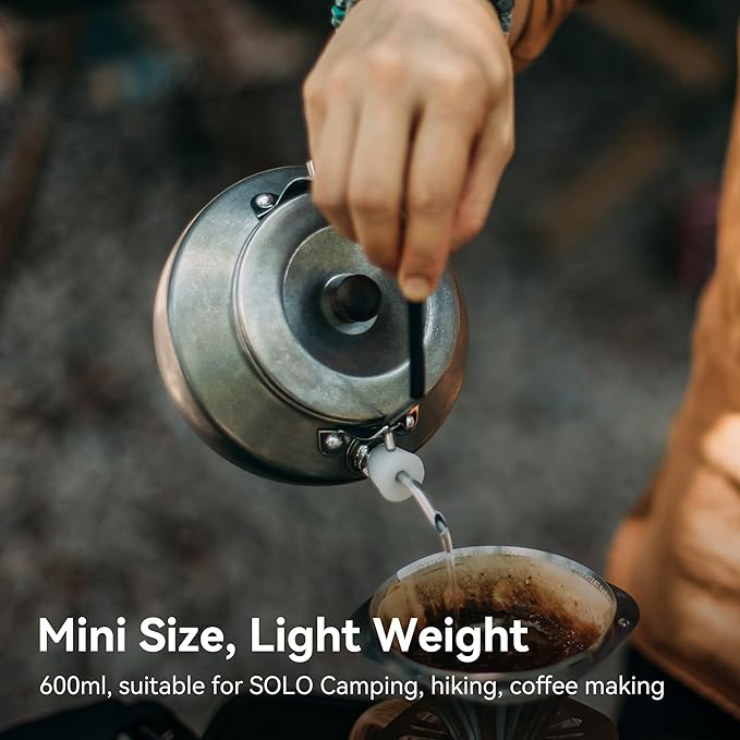 0.6 Liter Lightweight Stainless Steel Camping Kettle Portable Camp Tea Pot, Outdoor Campfire Use, Khaki