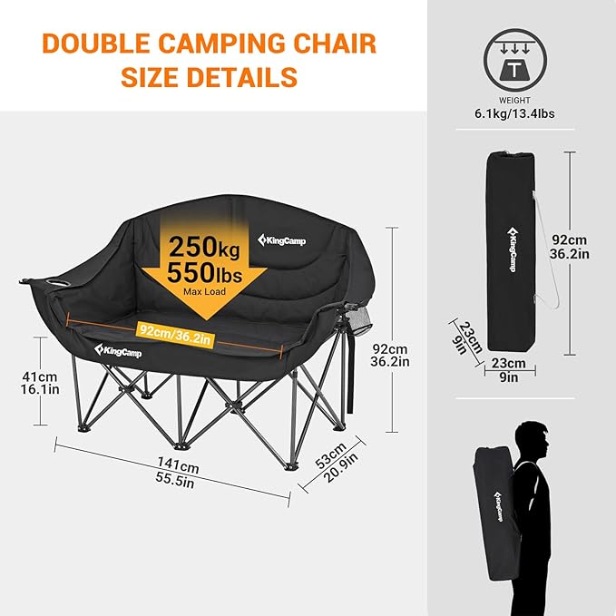 KingCamp Double Camping Chair, Oversized Heavy Duty Loveseat for Adults Portable Folding XL 2 Person Couch Padded Comfortable Two Seat with Cup Holder for Outdoor Lawn Backyard