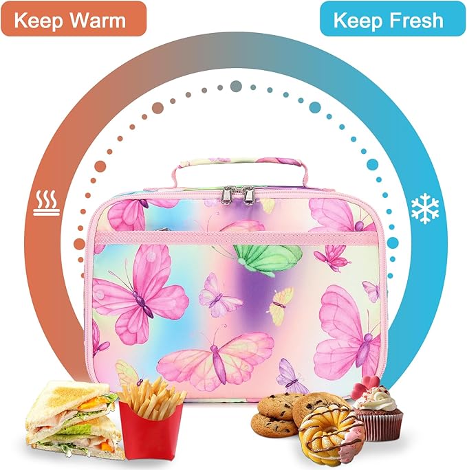 Kids Lunch Box Girls Boys Insulated Lunch Cooler Bag Reusable Lunch Tote Kit for School Travel (Butterfly)