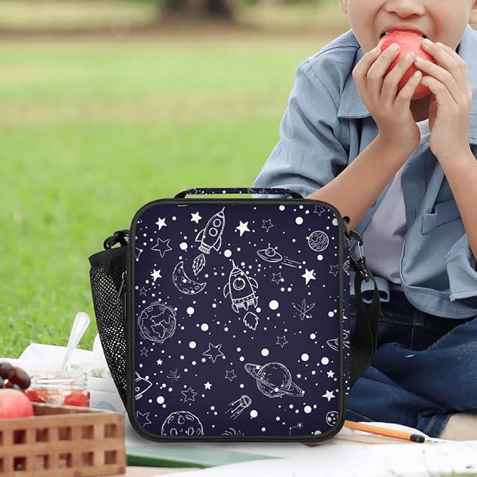 Insulated Lunch Bag for Girls - Reusable Lunch Box Water-Resistant Thermal Cooler Meal Tote Bag with Water Bottle Holder for School Picnic Travel (Universe Rocket)