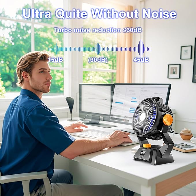Camping Fan - Rechargeable Portable Battery Powered Camping Fans for Tents with LED Light, Power Display, Timers & 360° Hanging Hook, Ultra Quiet USB Personal Tent Fan for Fishing Travel Home Office