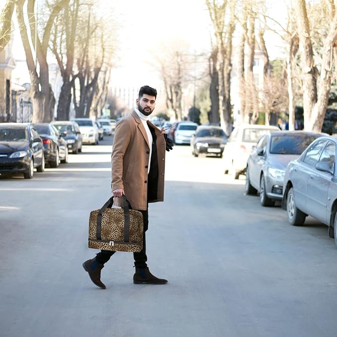 TropicalLife Leopard Print Waterproof Duffel Bag, Sports Tote Gym Bag, Animal Print Weekender Overnight Bag with Shoes Compartment for Men Women