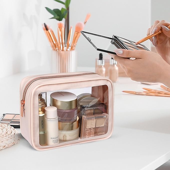 PACKISM TSA Approved Toiletry Bag - 2 Pack Upgrade Color-Edged Clear Makeup Bag, Clear Toiletry Bag For Traveling Fits Various Storage Needs, Black/Pink (2 Sizes)