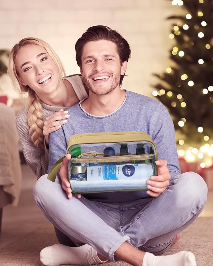 TACTICISM Clear Toiletry Bag for Men - Large Capacity Travel Bag with Handle, See Through Bag with 2 Pockets, Brown