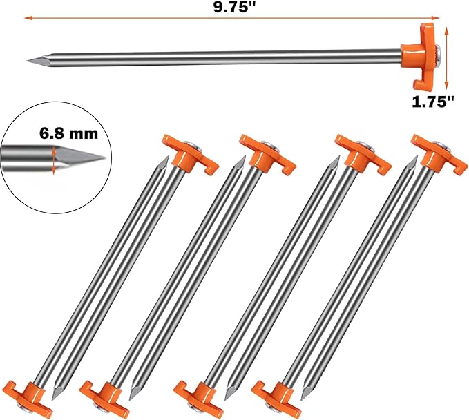 Cheardia 20 Pack Tent Stakes Heavy Duty, 10.25 Inch Yard Stakes Non-Rust Metal Tent Pegs Ground Stakes Tent Spikes for Camping Patio, Garden, Canopies, Grassland, Outdoor, Orange