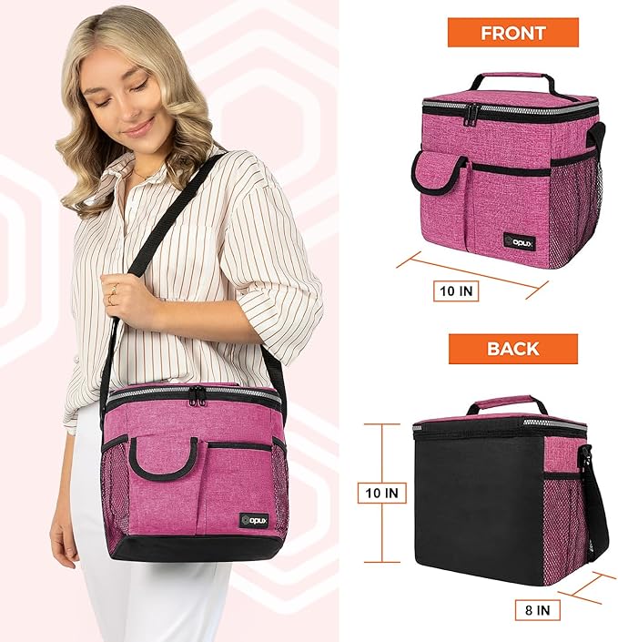 opux Insulated Lunch Bag for Men Women, Leakproof Heather Pink Lunch Box for Work, Portable Soft Lunch Cooler Bag with Shoulder Strap, Adult Lunchbox Lunch Pail for Kid Boy Girl School, 18 Can/10L