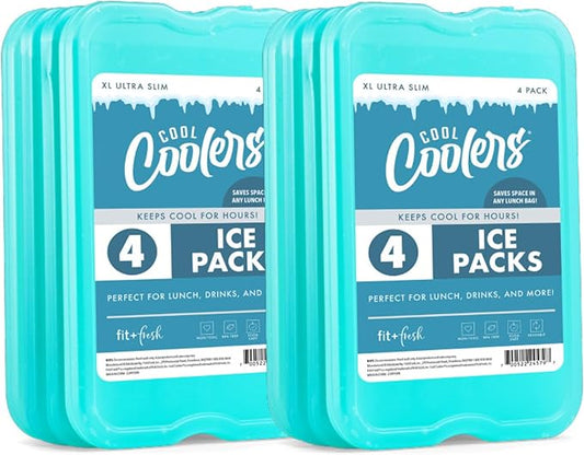 Cool Coolers by Fit + Fresh, Reusable & Long-Lasting XL Slim Ice Packs, Cold Packs for Lunch Boxes, Ice Packs for Lunch Bags. Cooler Accessories for Camping, Beach, Lunch, and Work, 8PK, Green