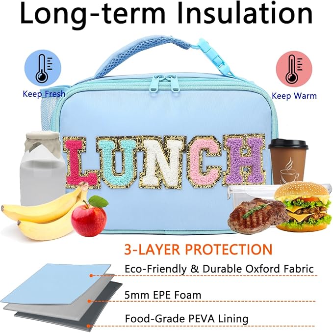 Insulated Lunch Box for School, Thermal Reusable Durable Freezable Lunch Bags for Kids Boys Girls Men Women - Small Soft Cooler Portable Lunch Tote Kit for Work Picnic Travel,Blue Alphabet