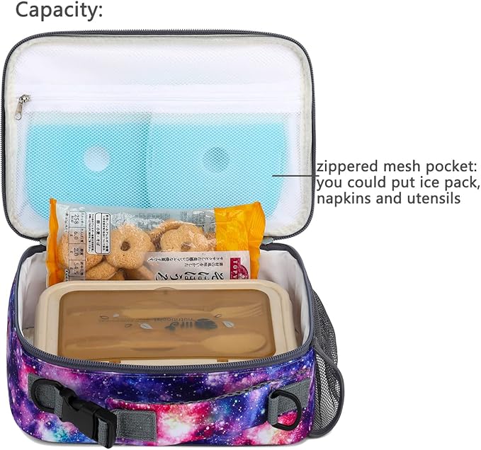 FlowFly Kids Lunch Bag, Durable Insulated School Lunch Box with Shoulder Strap and Bottle Holder, Water-resistant Thermal Small Lunch Cooler Tote for Teen Boys & Girls,Galaxy