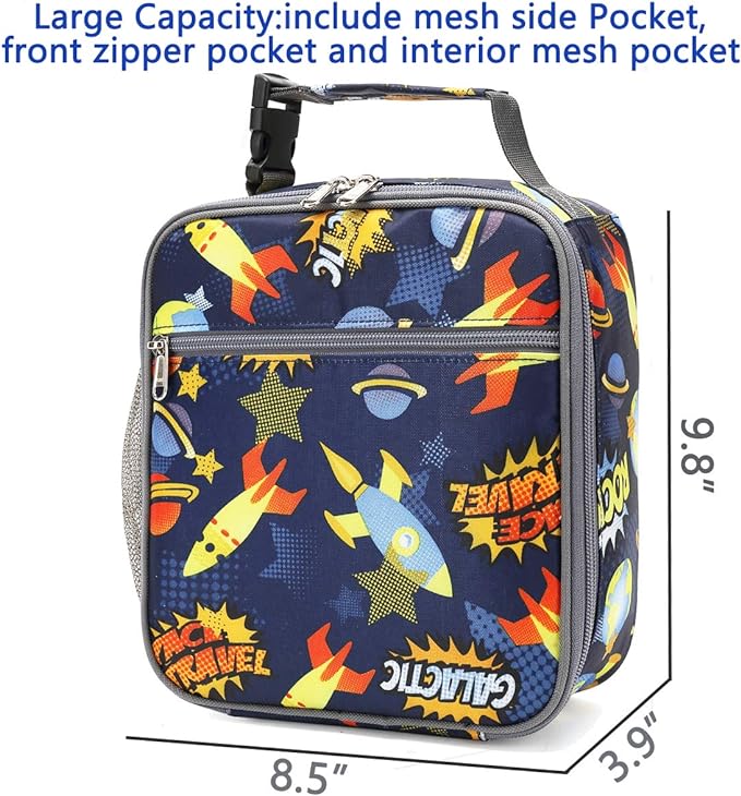 FlowFly Kids Lunch box Insulated Soft Bag Mini Cooler Back to School Thermal Meal Tote Kit for Girls, Boys, Rocket