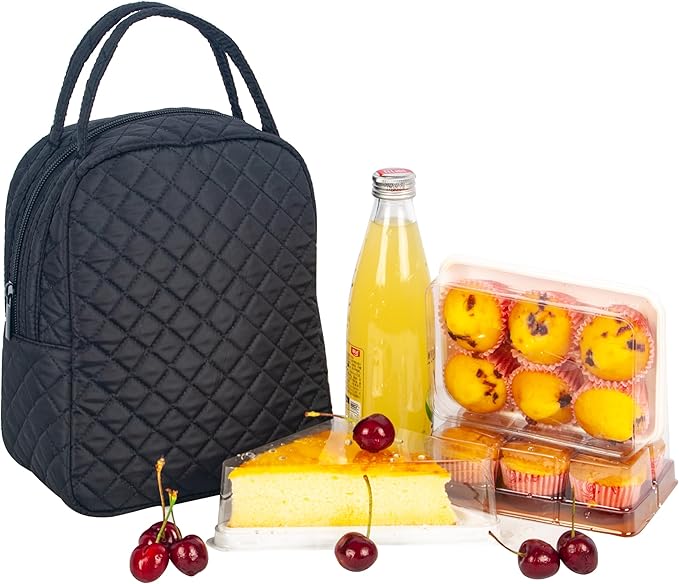 Machine Washable Women Quilted Fabric Insulated Reusable Cooler Lunch Bag Tote Adult Thermal Lunch Box Storage Bag for Ｗork (Black)