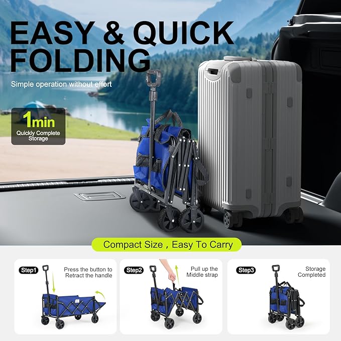 Collapsible Wagons Carts Foldable with Extended Tailgate, Folding Cart on Wheels, Portable Heavy Duty Shopping Carts for Groceries, Apartment, Garden, Camping, Fishing, Outdoor (Blue)