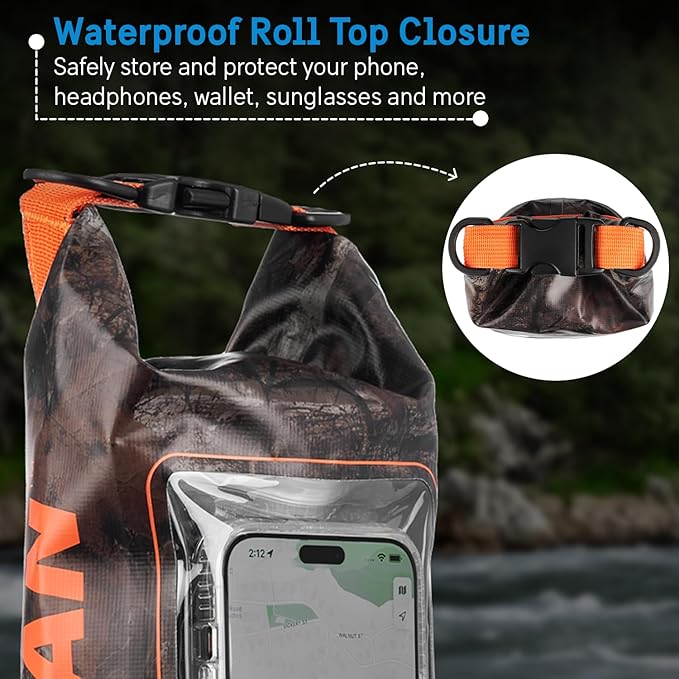 Pelican Marine IP68 Waterproof Dry Bag 2L - Roll Top Waterproof Backpack w/Phone Case/Pouch - Boating & Kayak Accessories - Essentials for Camping Swimming Beach Fishing Rafting Travel - Hunter Camo