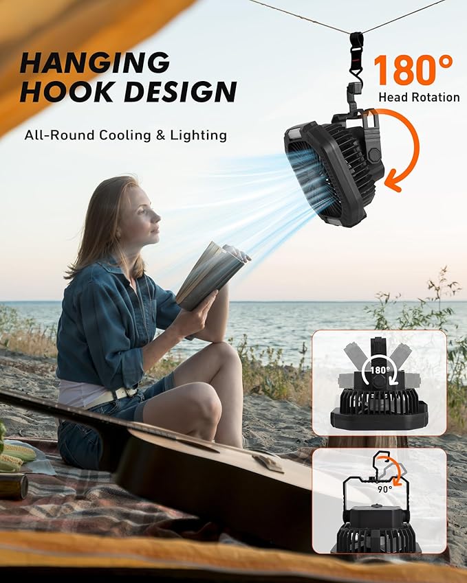 Rechargeable Camping Tent Fan with LED Lantern, 7800mAh Battery Operated Fan with Hang Hook & Remote, Portable Ceiling Tent Fans with Remote for RV Emergency Car Office Hurricane