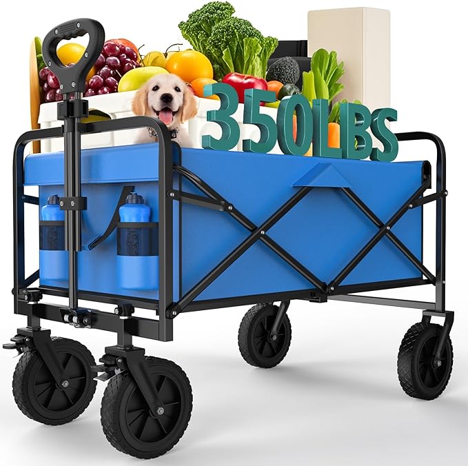 OLIXIS Heavy Duty Wagon Cart, 350 lbs Foldable Large Collapsible Wagons Carts with Wheels Smooth Maneuverability for All-Terrain, Suitable for Gardening, Camping, Beach - Blue