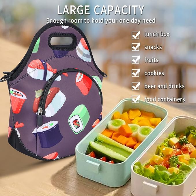 Violet Mist Womens Sushi Lunch Bag Neoprene Insulated Lunch Bag Tote Cute Cartoon Handbag Large with Pocket Detachable Adjustable Shoulder Colorful