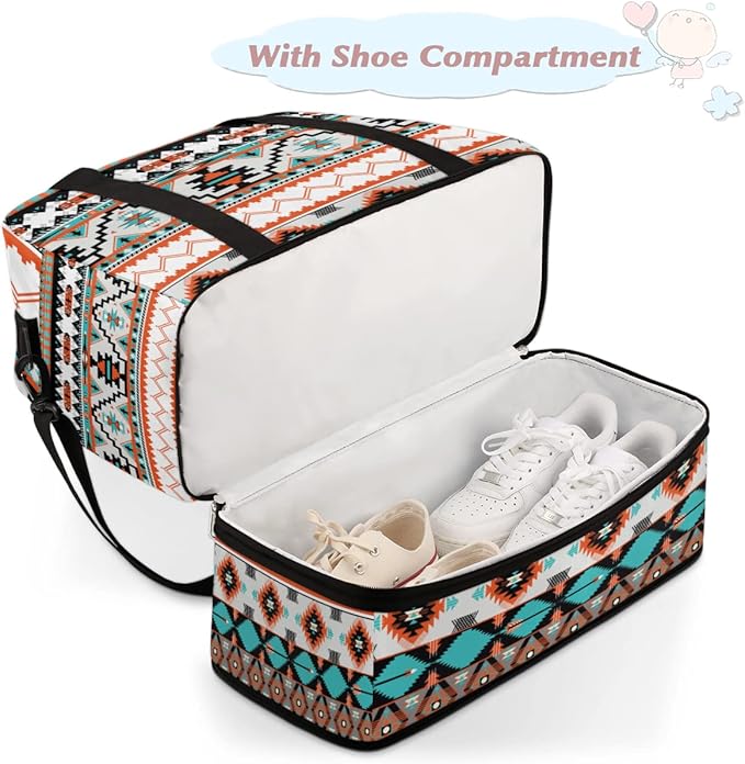 Ethnic Aztec Geometric Foldable Travel Duffel Bag Sports Tote Gym Bag With Shoe Compartment For Woman Man Carry On Luggage Overnight Travel Weekend Yoga Workout Bag Training Handbag