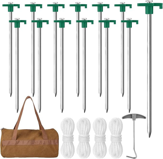 Aodaer 12 Pack Tent Stakes Heavy Duty Tent Pegs 10.25 Inch Non-Rust Metal Yard Stakes with 4x10ft Ropes and Storage Bag Inflatable Stakes for Gardening & Canopies, Camping Halloween Christmas, Green