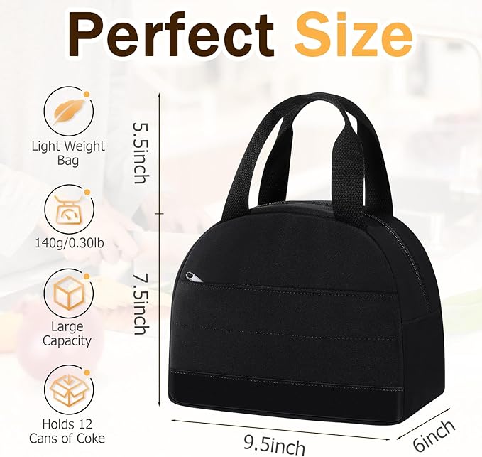 Lunch Box For Women, Insulated Lunch Bag Waterproof Lunch Box Lunch Tote Bag Large Capacity Reusable Insulated Cooler for Work Office Camping Travel, Fits 9 x 7 inch (Black)