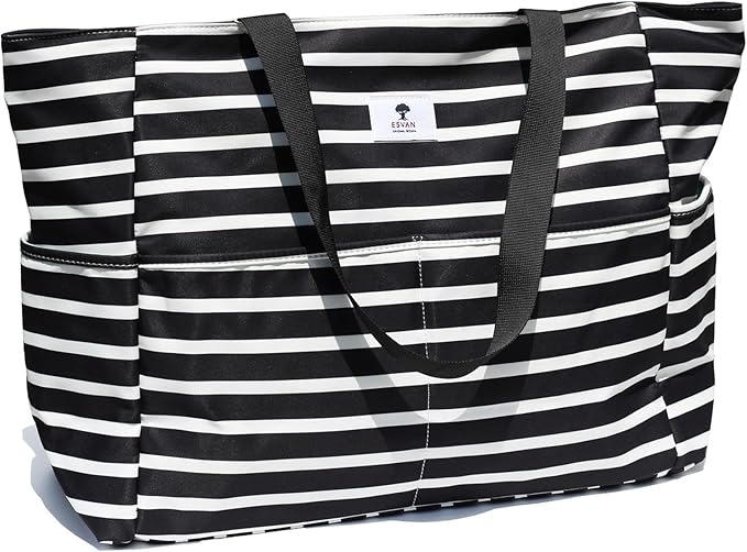 ESVAN Large Foldable Beach Bag for for Women with Dry Wet Compartment Waterproof Sandproof Travel Gym Picnic Handbag