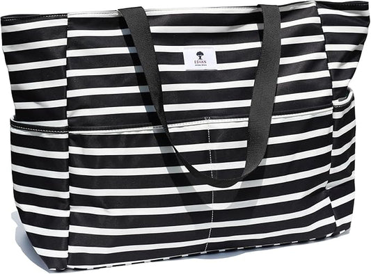 ESVAN Large Foldable Beach Bag for for Women with Dry Wet Compartment Waterproof Sandproof Travel Gym Picnic Handbag