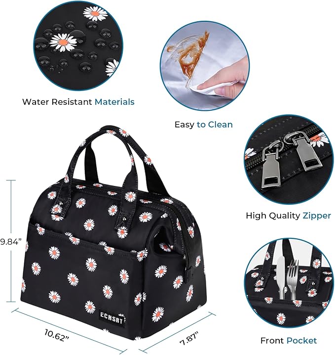 ECHSRT Large Insulated Lunch Bag for Women Men Leakproof Cooler Lunch Tote Bags for Work Travel Adult Thermal Lunchbox for Office -10L Daisy Print
