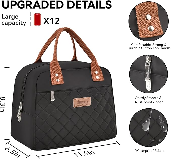 HOMESPON Insulated Lunch Bag for Women Men Adults Lunch Tote with Front Pocket Lunch Box Container Cooler Bag for Work Picnic (Black)