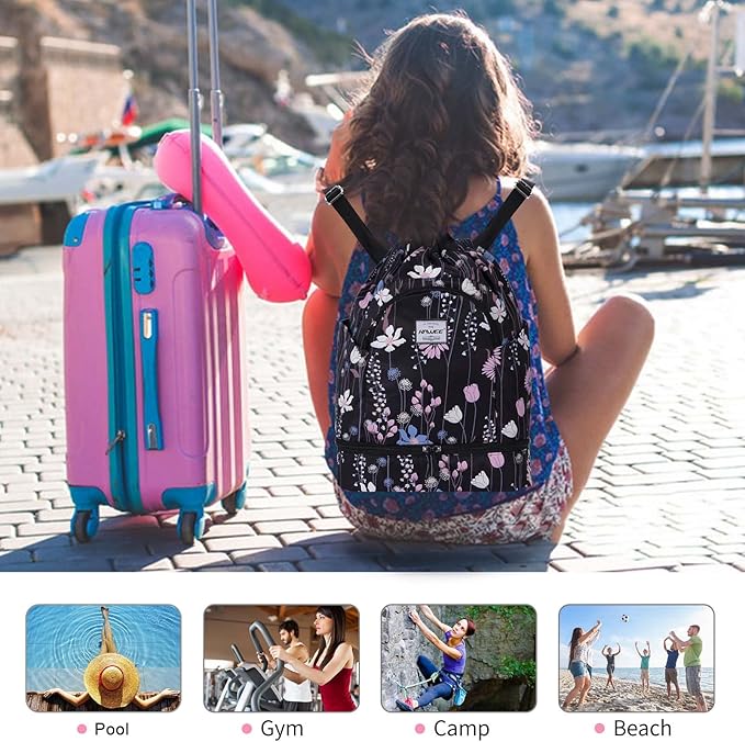 Dry Wet Drawstring Backpack with Shoe Compartment for Women Adjustable Gym Bag