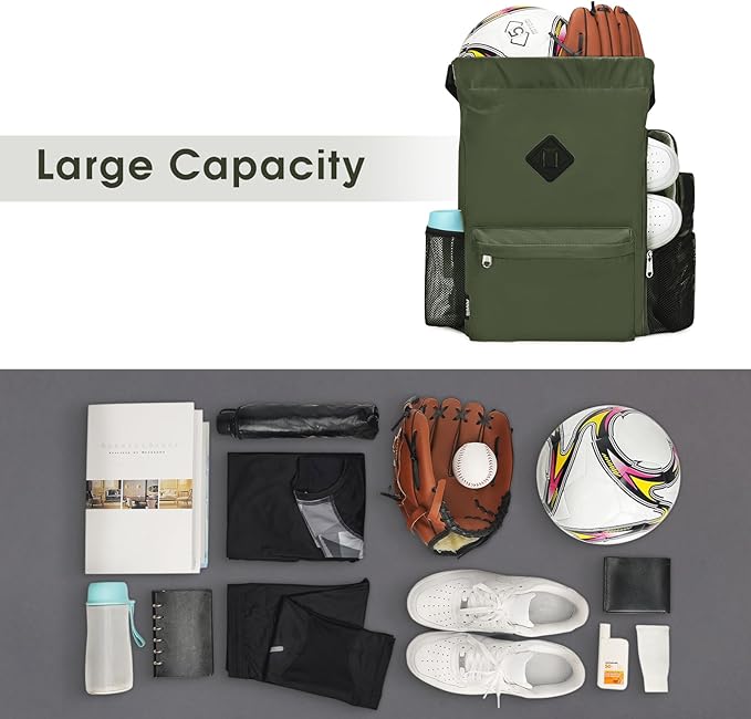 WANDF Drawstring Backpack Sports Gym Bag with Shoes Compartment, Water-Resistant String Backpack Cinch for Women Men (Large,Dark green)