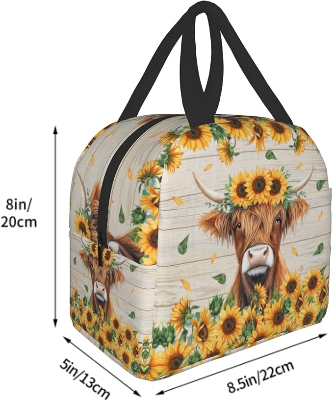 Giwawa Highland Cow Kids Lunch Bag Sunflower Cattle Insulated Girls Lunch Box Yellow Floral Wood Board Thermal Cooler Lunch Tote Bag for Teens Boys School Students Men Women Picnic