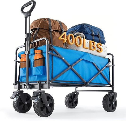 Sweetcrispy Foldable Wagon Cart, Collapsible Large Capacity Garden Cart with Wheels, Heavy Duty Utility Grocery Wagon with Drink Holders for Shopping Sports Camping