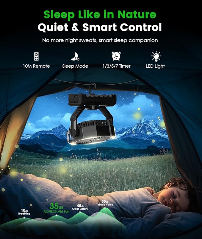 Camping Misting Fan - 30000mAh Portable Battery Powered Fans with 9oz Water Tank, Light, Hook - Rechargeable, 120H Cooling, Last 5H Mist, 4 Speed, Sleep Mode - Outdoor Fan for Travel, Patios, Fishing