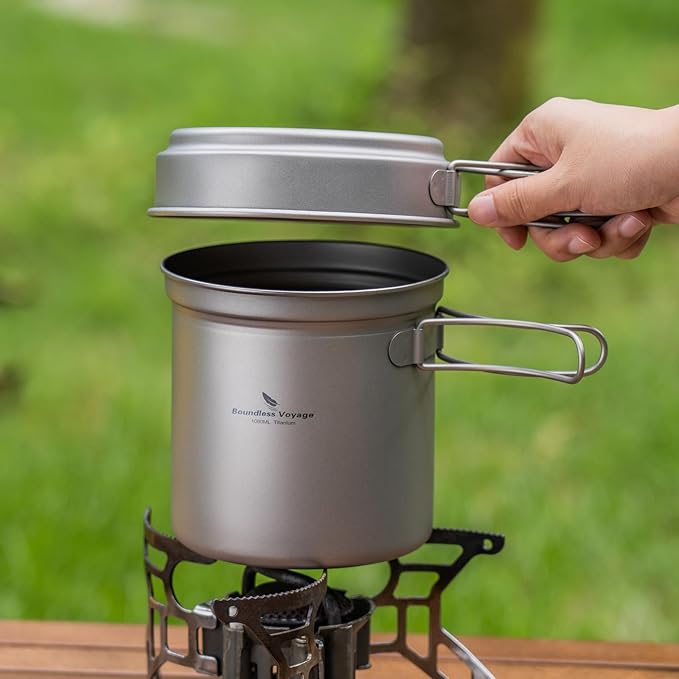 iBasingo Titanium Pot Pan Set with Folding Handle - Ultralight Portable Outdoor Cookware Mess Kit for Camping, Picnic, Travel & Backpacking (1080ml Soup Pot, 900ml Cup, 500ml Frying Pan)