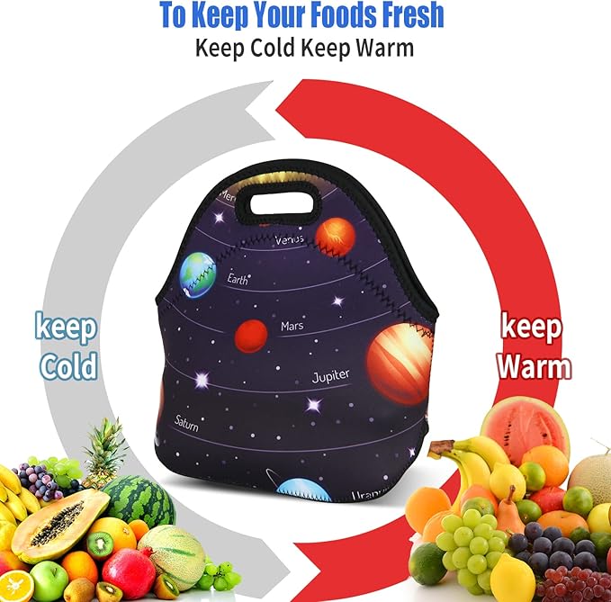 Violet Mist Neoprene Space Lunch Bag Insulated Waterproof Lunch Bag Tote Cartoon Reusable Lunch Box Containers Food Carrying Lunch Handbag for Women men Work Gifts Thanksgiving Christmas Gift