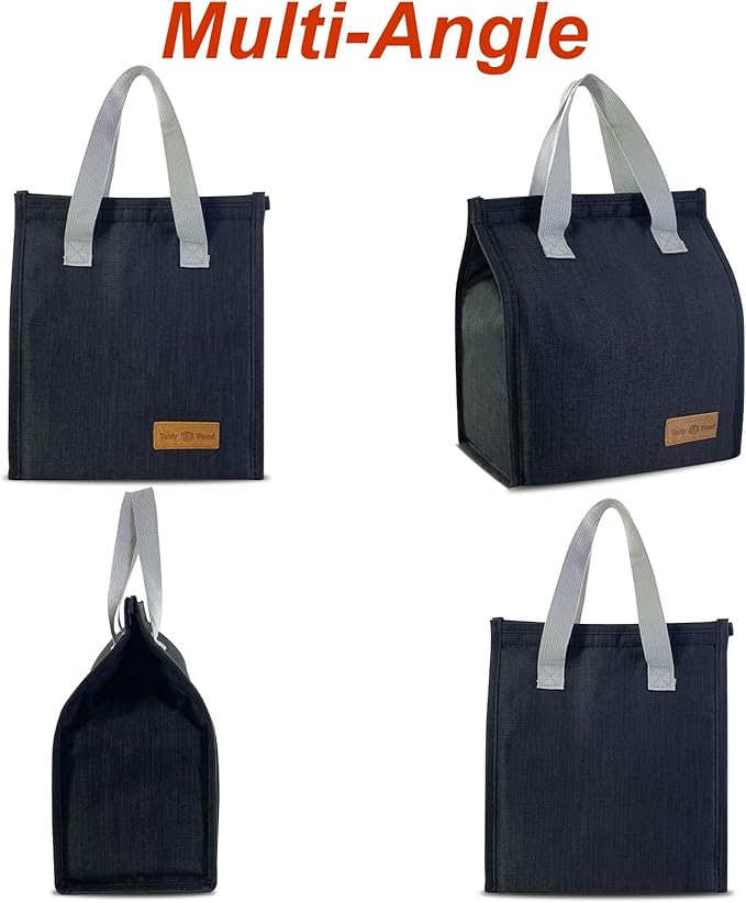 Mziart Minimalist Lunch Bag, Reusable Insulated Bag for Women Men Box Container Leakproof Simple Bento Tote Adults Cooler Work Office Picnic or Travel (Black) M23HK-LB-005-JJ