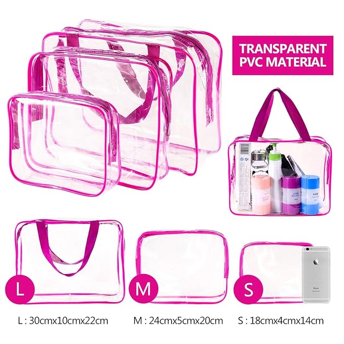 4Pcs Crystal Clear PVC Travel Toiletry Bag Kit for Women Men, Waterproof Vinyl Packing Organizer Storage Bags with Zipper Handle Straps, Cosmetic Pouch Carry on Airport Airline Compliant Bag Handbag