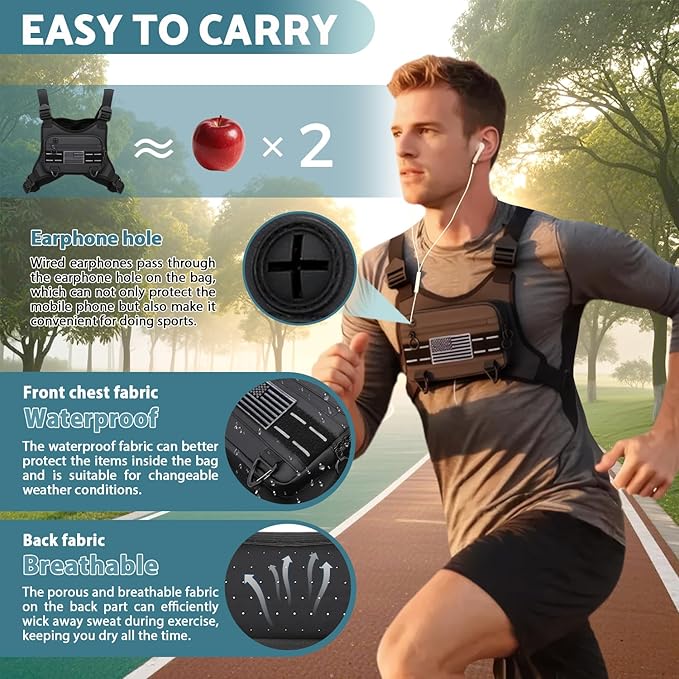 Sports Chest Bag For Men, Water Resistant Lightweight Front Running Vest Bag With Built-In Phone Holder & Extra Storage For Workouts, Cycling (Black)