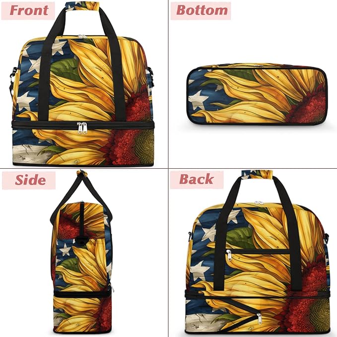 cfpolar Woman Travel Duffel Bag Sunflower American Flag Foldable Tote Carry On Luggage Sports Gym Bag With Shoe Compartment Overnight Weekend Yoga Workout Bag Training Handbag