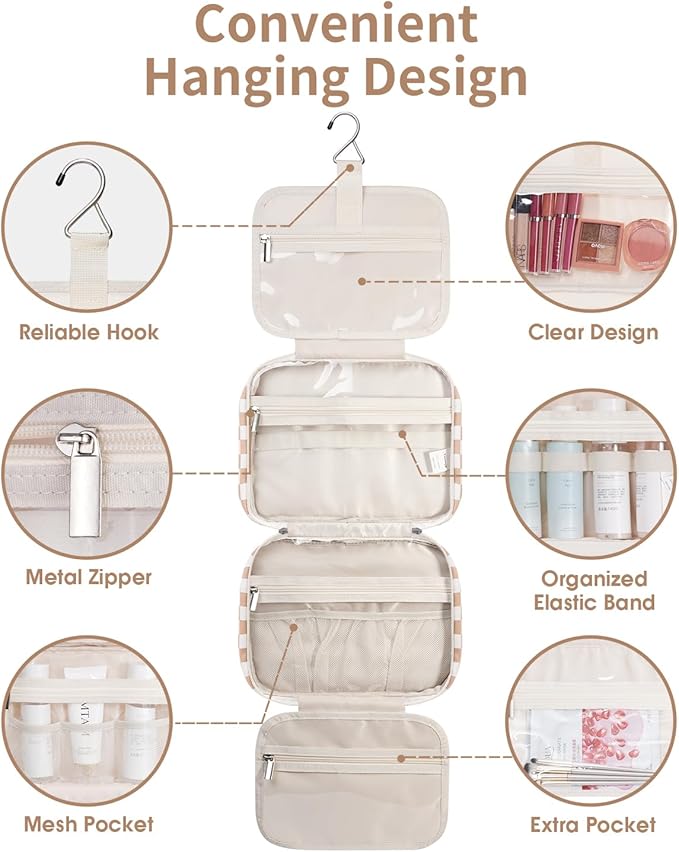 Narwey Hanging Toiletry Bag for Women Travel Makeup Bag Organizer Toiletries Bag for Travel Size Essentials Accessories Cosmetics (Light Checkerboard (Medium))