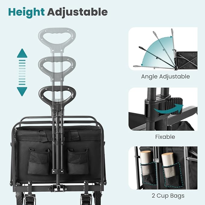 Sweetcrispy Collapsible Foldable Wagon Cart, Large Capacity Garden Cart with Wheels, Heavy Duty Utility Grocery Wagon with Drink Holders for Shopping Sports Camping,Extra Large Black