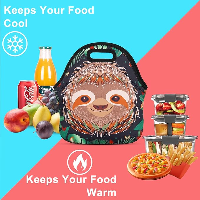 Violet Mist Sloth Neoprene Large Lunch Bag Women Insulated Cute Small lunch Bag Tote Work Outdoor Picnic Washable Lunch Box for Mens with Containers Zipper Thanksgiving Christmas Gift