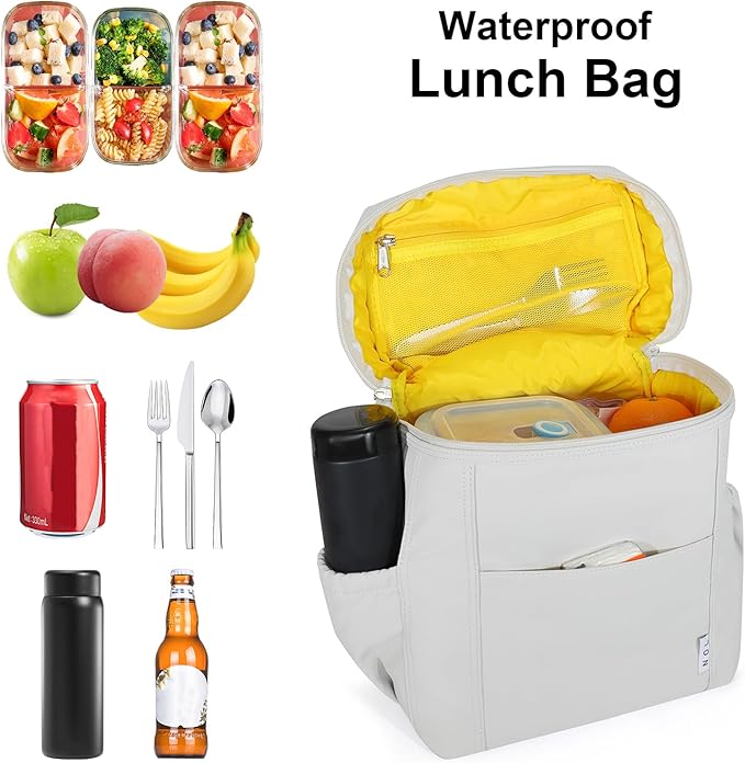 NOL Natural Organic Lifestyle Insulated Lunch Bags for Women Cooler Bag Lightweight Nylon Waterproof Lunch Box For Work (Gray White, Large)
