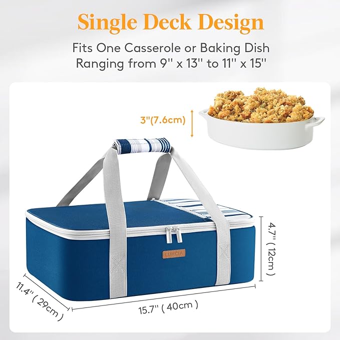 Insulated Casserole Carrier for Hot or Cold Food, Lasagna Lugger Tote for Potluck Parties/Picnic/Cookouts, Fits 9"×13" Baking Dish, Dark Blue