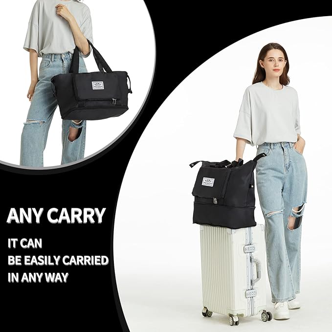 Expandable Travel Duffel Tote Bag - Foldable Overnight Weekender, Carry-On, Swim & Gym Bag - Fits Spirit Airlines Personal Item Size - Lightweight, Waterproof & Durable with Trolley Sleeve,Black