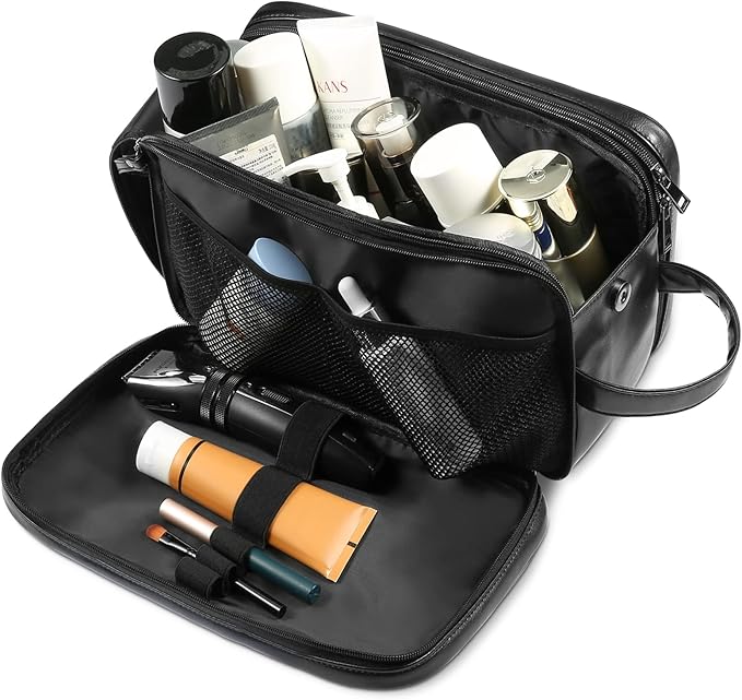 Personalized Leather Travel Toiletry Bag for Men, Large Travel Bathroom Shaving Dopp Kit, Large Cosmetic Bag Waterproof
