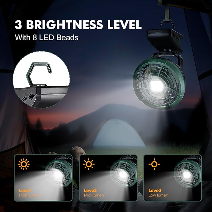 Durapower Clip-on Camping Fan with LED Lantern, Magnetic Base & Hanging Hook – Ideal for Travel, Tent, RV, Picnic, Treadmill, Stroller, Golf Cart & Home