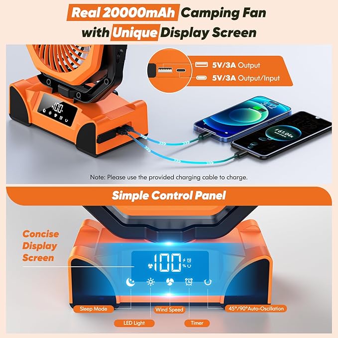 Portable Rechargeable Fan, 20000mAh Battery Powered Fan with LED Light, Camping Fans for Tent Remote Control, 5 Speed & Hook, 10-inch Outdoor Cordless Fans for Travel,Home,Beach, Power Outage - Orange